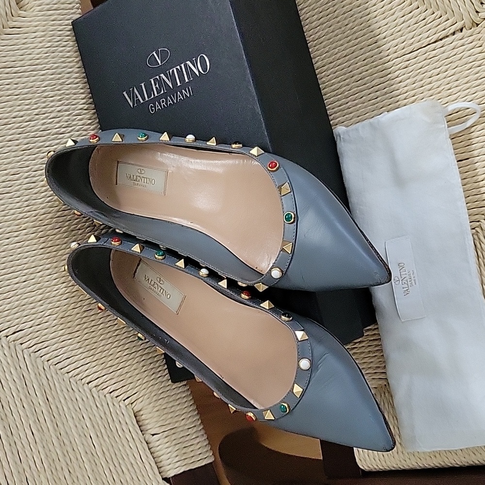 Valentino rockstud flats gray with multi colored studs gold tone. 40 Authentic